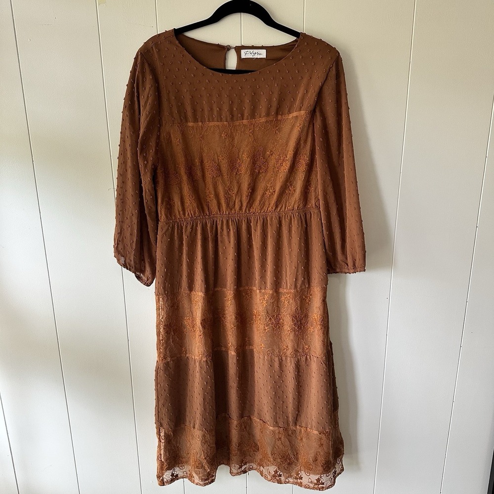 Pologram Swiss Dot Lace Boho Empire Waist Dress Burnt Orange Large Flowy Midi